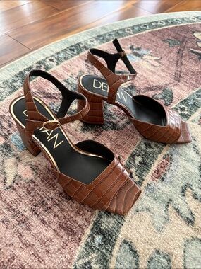 Deltan Croc-Embossed Brown Leather Block Heel Strap Sandals